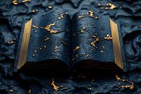 Open magical book with glowing golden particles scattered across dark blue textured pages creating mystical atmosphere for fantasy and storytelling concepts.