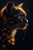 Mystical black cat profile with glowing golden particles and amber eye against dark background, creating magical feline silhouette.