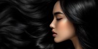 Young Asian woman with flowing black hair against dark background, side profile view showcasing natural beauty and healthy, shiny long wavy hair in motion.