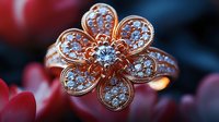 Elegant rose gold flower ring with sparkling diamonds and intricate milgrain detailing on romantic floral background for luxury jewelry advertising.