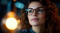 Young professional woman with glasses and curly hair looking thoughtfully into distance with warm bokeh lights creating atmospheric evening ambiance.