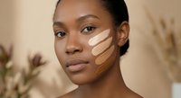 Young African American woman applying foundation makeup with brush strokes on face for skincare and beauty routine in natural lighting studio setting.