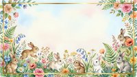 Watercolor rabbits and bunnies surrounded by spring flowers, ferns, and botanical elements on white background. Isolated design suitable for nursery decor, greeting cards, and children's illustrations.