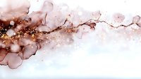 Abstract alcohol ink artwork in soft pink and rose gold tones with flowing organic shapes and golden glitter accents on white background.