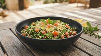 Tabbouleh salad with fresh parsley, tomatoes, and bulgur wheat in black bowl on wooden outdoor table, healthy Mediterranean cuisine.