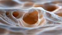Microscopic view of porous bone tissue structure showing trabecular architecture with visible cavities and smooth surface texture in warm orange tones.