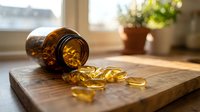 Amber glass bottle spilled with golden omega-3 fish oil capsules on wooden surface in bright kitchen setting for health and wellness supplement concepts.