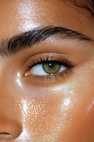 Close-up of green eye with glowing glitter makeup on tanned skin, thick dark eyebrow and long eyelashes showing glamorous beauty cosmetics application.