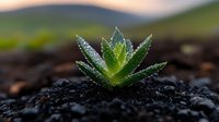 Fresh succulent plant growing in dark soil with morning dew drops on leaves against blurred mountain landscape background, macro nature photography.