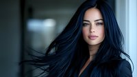 Young woman with flowing dark blue-black hair and natural makeup against blurred background, dramatic lighting creates moody professional portrait.
