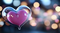 Pink heart inside transparent glass heart shape floating against dark blurred bokeh background with golden lights, romantic Valentine's day concept for greeting cards and social media.