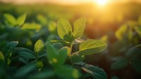 Young green soybean plant growing in agricultural field at sunset, backlit by golden sunlight, showing detailed leaf structure and natural farming environment.