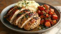 Herb-crusted chicken breast slices with roasted vegetables and creamy mashed potatoes on rustic plate for healthy dinner recipes and meal planning.