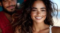 Young Hispanic woman with curly dark hair and radiant smile wearing white top, natural makeup and glowing skin outdoors in sunlight, lifestyle portrait.