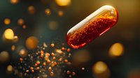 Glowing amber capsule bursting with sparkling particles against dark background with golden bokeh lights, pharmaceutical concept for medicine and healthcare.