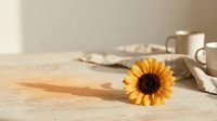 Bright yellow sunflower on a rustic wooden table with linen cloth and ceramic mugs in soft natural light, cozy home aesthetic.