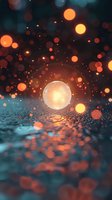 Glowing orb floating above reflective surface with magical bokeh lights in orange and teal, creating mystical atmosphere for fantasy and spiritual designs.