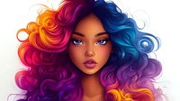 Young woman with vibrant rainbow hair in flowing curls, featuring orange, pink, purple, and blue tones. Artistic fantasy portrait with bright blue eyes.