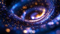 Magical swirling trail of glowing blue and gold particles creating spiral light path against dark background with bokeh effect and sparkles. Cosmic abstract design.