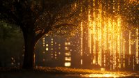 Magical glowing light streams falling in enchanted forest at night with silhouette of large tree and floating luminous particles creating dreamy atmosphere.