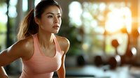 Young Asian woman in pink sports top exercising at gym during sunrise, focused expression while working out in modern fitness center with blurred equipment background.
