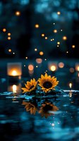 Sunflowers floating on dark water with glowing candles and bokeh lights creating magical evening atmosphere. Mirror reflection adds depth to romantic scene.
