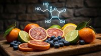 Fresh citrus fruits and blueberries on wooden board with vitamin C molecular structure overlay for nutrition education and healthy lifestyle concepts.