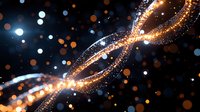 Glowing DNA strand with golden light particles and bokeh effects against dark background, representing genetic research and biotechnology advancement.