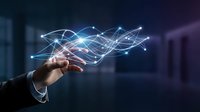 Businessman hand holding glowing digital network connections with flowing light waves, representing data transfer, technology innovation, and global communication for business solutions.