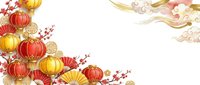 Asian lunar new year celebration with red and gold lanterns, decorative fans, and cherry blossoms on white background. Isolated design element for greeting cards and festive projects.
