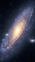 Spectacular spiral galaxy with bright golden core and blue star-forming regions against deep space background filled with distant stars and cosmic dust.