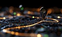Location pin marker on abstract night city map with glowing streets and bokeh lights in dark background, representing GPS navigation and travel concept.
