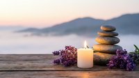 Zen spa stones balanced with lavender flowers and burning candle on wooden deck at sunset creating peaceful meditation atmosphere for wellness relaxation.