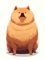 Chubby Chow Chow dog sitting with proud expression and closed eyes, cream-colored fluffy coat on white background, stylized cartoon illustration for pet-related designs.