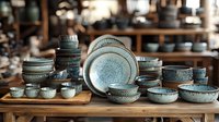 Handcrafted ceramic tableware collection in blue and gray tones displayed on wooden table, featuring plates, bowls and cups with traditional pattern design.