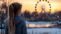 Young woman with long blonde ponytail gazing at illuminated ferris wheel during golden sunset, wearing casual hoodie, creating atmospheric winter evening scene at amusement park.