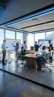 Diverse business team collaborating in modern glass conference room with city view, presenting data on whiteboards during corporate meeting.