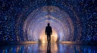 Man silhouette walking through futuristic tunnel with glowing lights and cosmic starry atmosphere creating mystical journey concept for spiritual transformation.