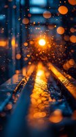 Glowing street light reflected on wet surface during rain with bokeh effect creating magical atmosphere of evening city. Orange light contrasts with deep blue tones.