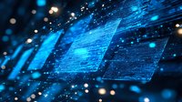 Digital data streams flow through glowing blue network with floating transparent panels and light particles, representing modern technology and connectivity.