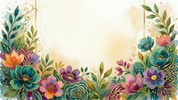 Watercolor floral border with colorful blooms in teal, purple, and orange on a soft beige background with golden accents.