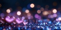 Glittering purple hearts on sparkly surface with dreamy bokeh lights in blue and pink tones creating romantic atmosphere. Suitable for Valentine's Day designs.