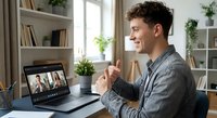 Young professional man having video conference call from home office, remote work meeting with colleagues on laptop computer in modern workspace.