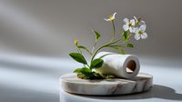White orchid growing through toilet paper roll on marble platform, dramatic lighting creates soft shadows, minimalist conceptual composition representing pandemic and nature.