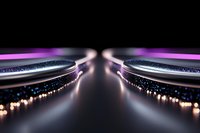 Professional DJ turntable vinyl records in dark studio with purple neon lights and bokeh effects creating atmospheric club music environment.