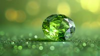 Sparkling green gemstone on glittering surface with soft bokeh background creates magical atmosphere. Natural light enhances crystal's facets and clarity.