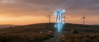 Wind turbine with glowing digital technology overlay on hillside at sunset showcasing renewable energy innovation and smart grid connectivity for sustainable power.