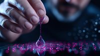 Macro photography of water drop splash creating crown shape with pink and purple lighting effects on dark reflective surface with bokeh background.