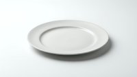 White ceramic dinner plate isolated on white background, clean and empty, ready for food styling, restaurant menu design, or culinary projects.
