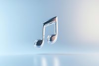 Shiny metallic musical note symbol floating on light blue background with soft reflection, isolated design element for creative projects.
